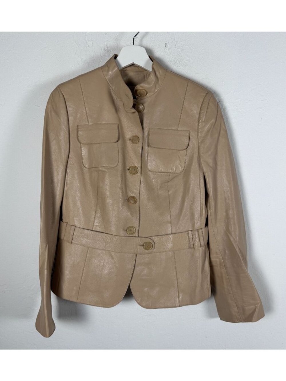Akris Punto Womens Beige Genuine Lambskin Leather Belted Jacket Size 12 Swiss
